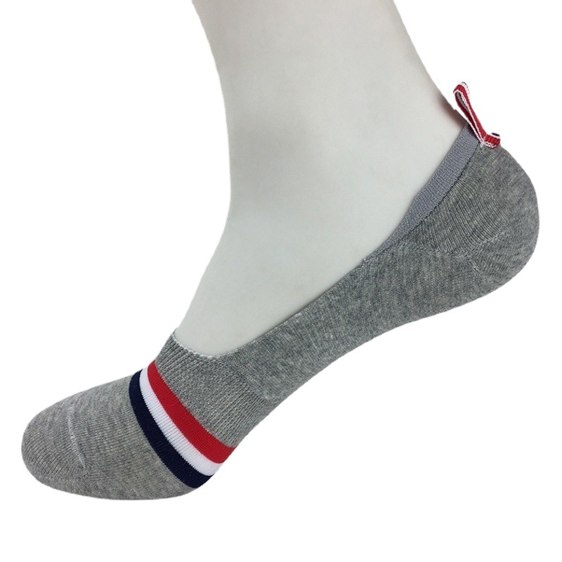 Summer Thin Cotton Boat Socks, Men's Casual Boat Socks with Non-Slip Silicone Red, White and Blue Three-Stripe Invisible Boat Socks