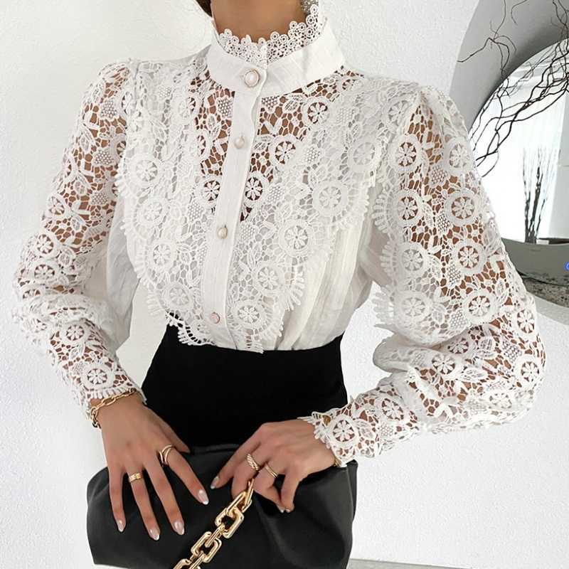 South Korea chic spring temperament all-match lace hollow flower long sleeve blouse blouse
