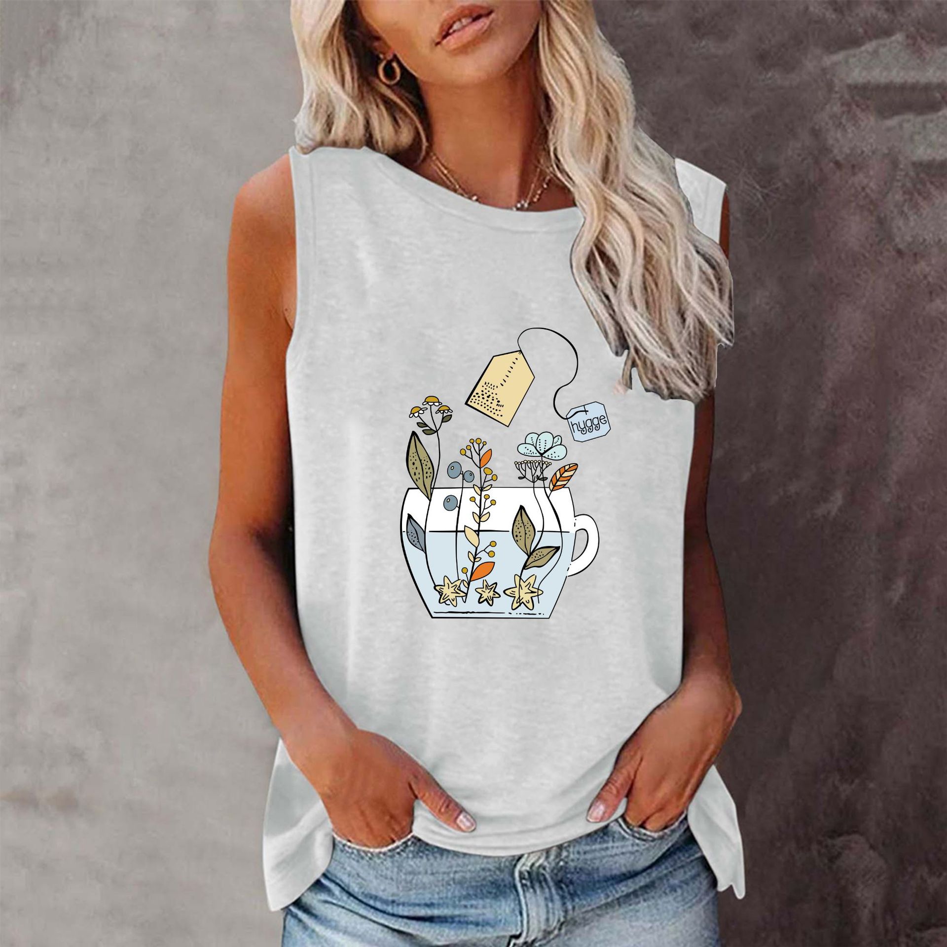 2023 AliExpress Cross-border shirt New Summer Beach Sunset Coconut Tree Round Neck Sleeveless T-shirt