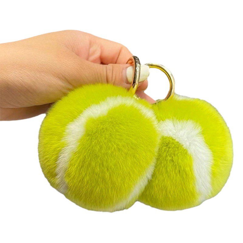 Cute little tennis real Rex rabbit fur tennis car keychain plush pendant ins plush ball schoolbag bag ornaments