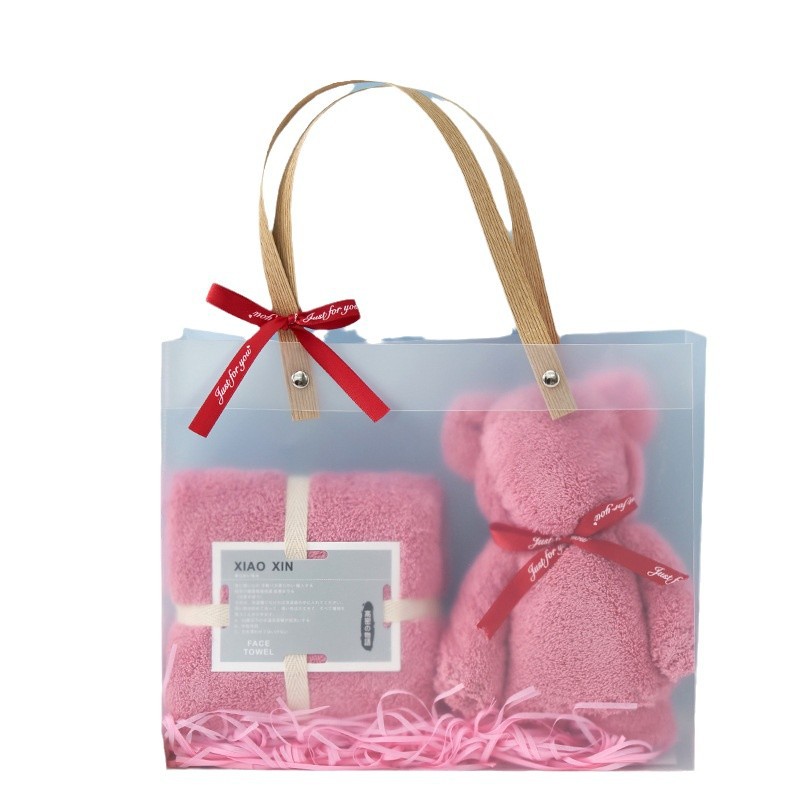 Picture of Coral Velvet Towel Pvc Double Satchel Gift Box Bear Holiday Wedding Souvenir Towel Gift Towel Embroider