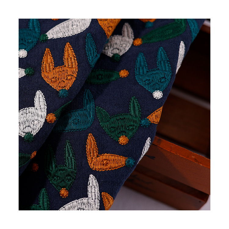 Picture of Manufacturers supply thick linen cotton embroidered Japanese heavy industry Fox embroidered cloth fashion bag handmade women's clothing fabric