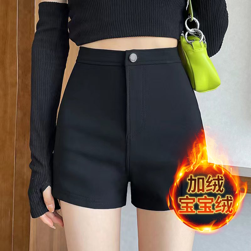 Fashionable 2024 new winter fleece-lined outer wear stretch shorts women's high waist black slimming versatile outer wear boots fashionable