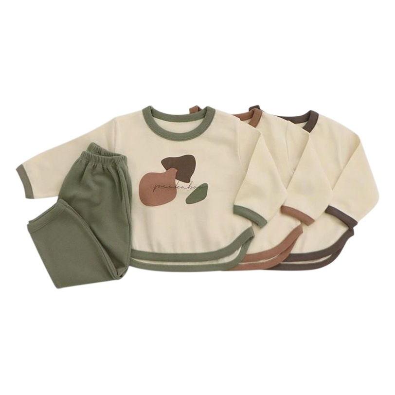 Spring and Autumn New de Velvet children's western style sweater suit baby home wear pajamas boys and girls baby contrast color two-piece suit