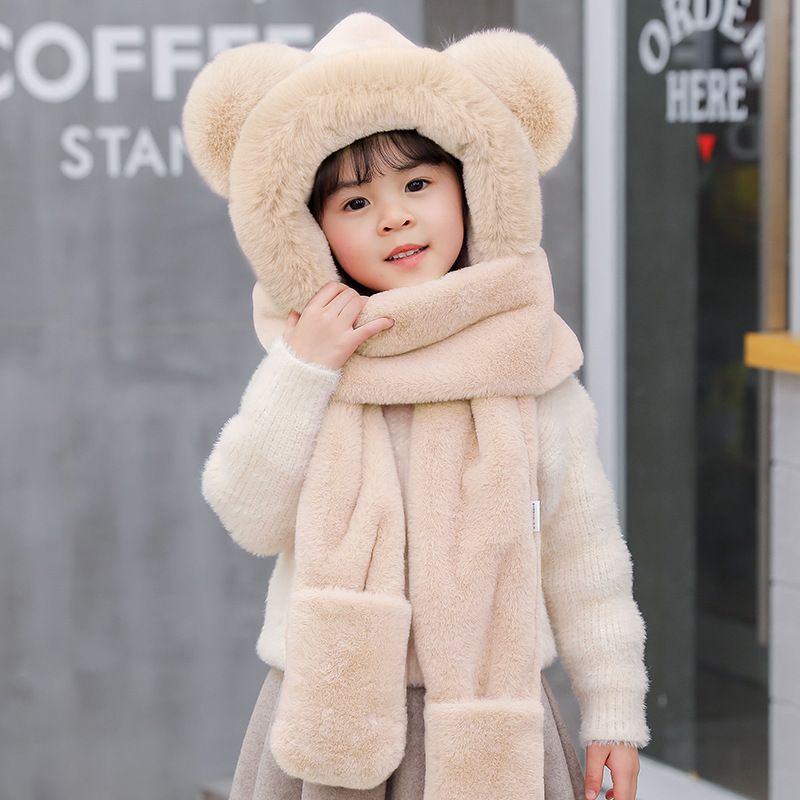Picture of Children's hat winter boys and girls fleece-lined bear cute ear cap scarf gloves one-piece thick warm three-piece set