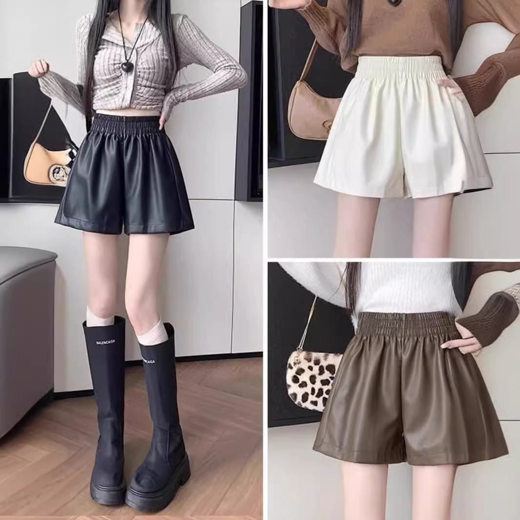 Autumn and Winter 2025 Black Casual Shorts Women's New High Waist Slimming Leather A- Character Loose Wide Leg Outer Wear Shorts