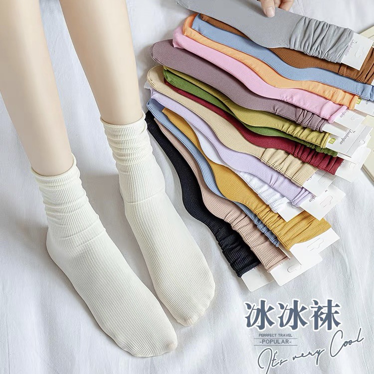 Mid-tube socks children's summer ultra-thin velvet pile socks trembling solid color ice socks white ice silk calf socks tide