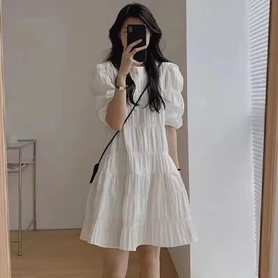 2024 New Summer Design Niche Pleated Puff Sleeve French Dress for Small People Slimming Look Loose Short Skirt