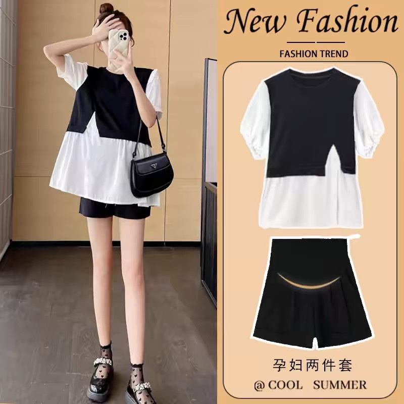 Summer Dress Pregnant Women's Two-Piece Suit Fashionable Elegant Slim Belly Covering Top Loose Shorts Pregnant Women's Summer