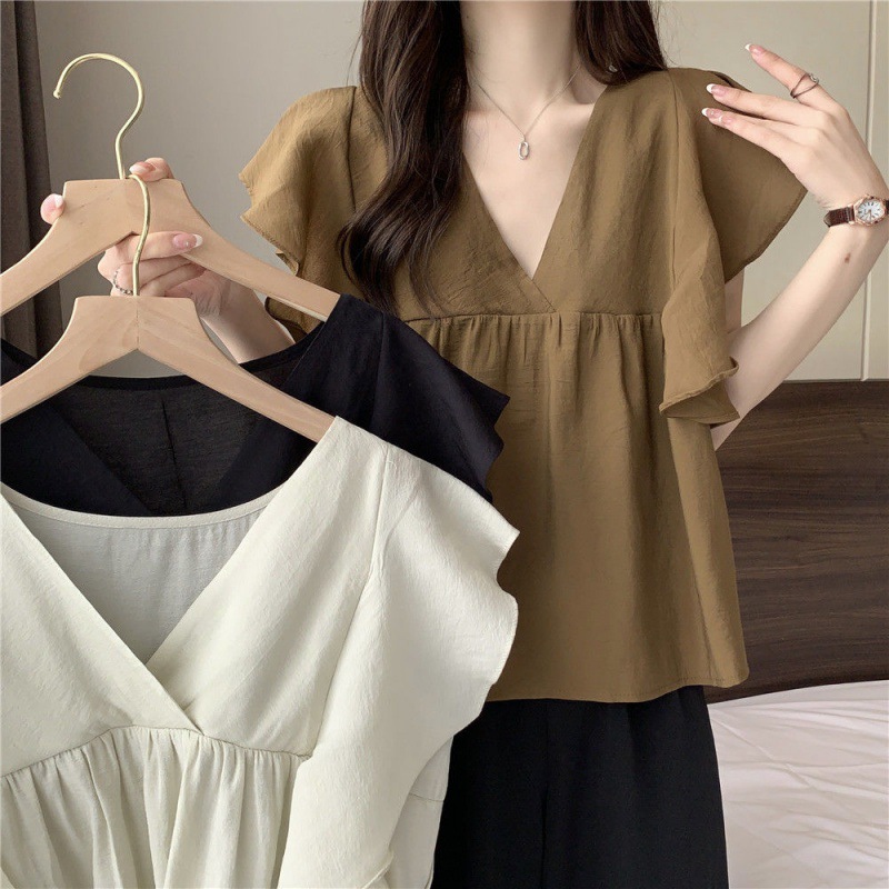 Picture of Cross-border Japanese 2022 Gentle Style Korean Style Sweet Women Flying Sleeve Shirt Top Summer V-Neck Shirt