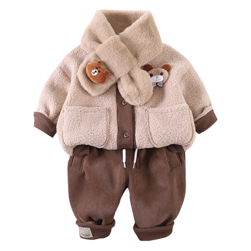 Baby warm clothes suit autumn and winter 2023 new baby fleece-lined sweater pants two-piece scarf