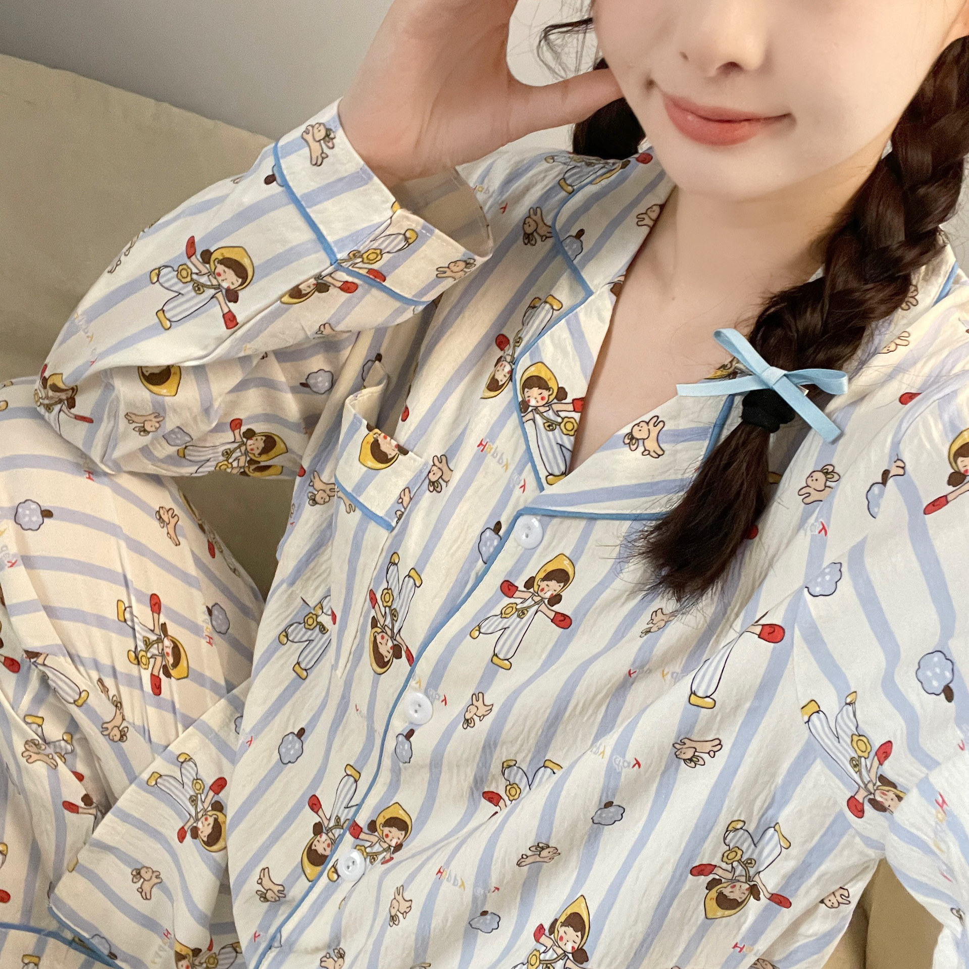 Cross-border manufacturers spring and autumn new pajamas women's cloud cotton wrinkled cloth long sleeve sweet cartoon small fresh home clothing suit