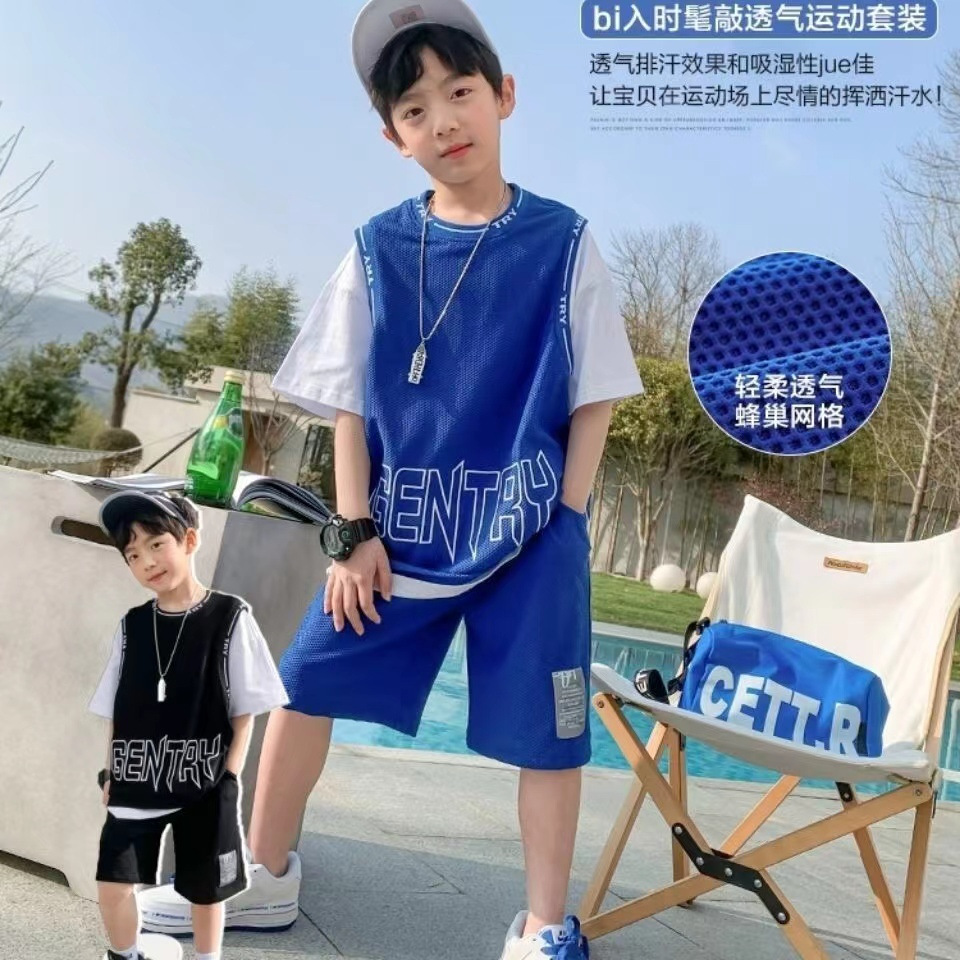 Children's Clothing Boys' Sports Short-Sleeved Suit 2025 New Summer Clothing Kidsren's Style Quick-Drying Basketball Clothing Handsome Two-Piece Set