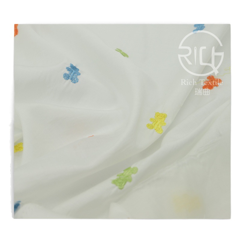 Tencel Nylon Colorful Bear Embroidery Fabric for Spring and Summer Semi-Sheer Tops and Dresses Clothing Material with Three-Dimensional Embroidery