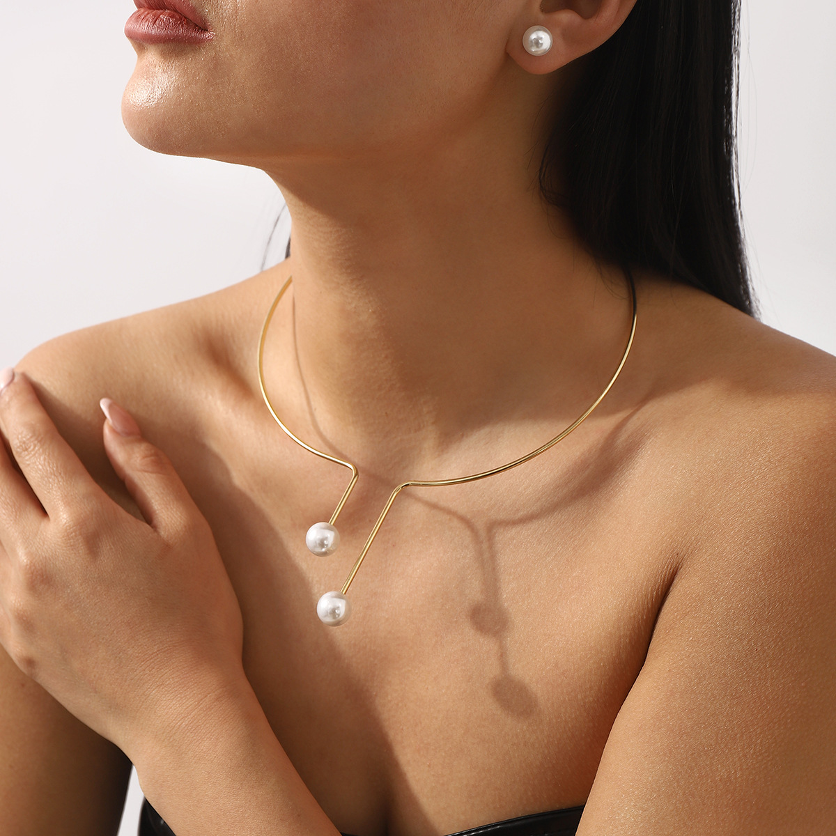 N12547 European and American Elegant Simple Pearl Open Choker Earrings Fashion Geometric Earrings Necklace Jewelry Set