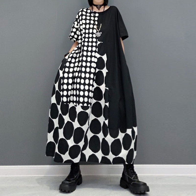 Spot 2024 Korean Style Summer Literary Large Size Loose Slimming Look Western Style Polka Dot Splicing Mid-Length Dress