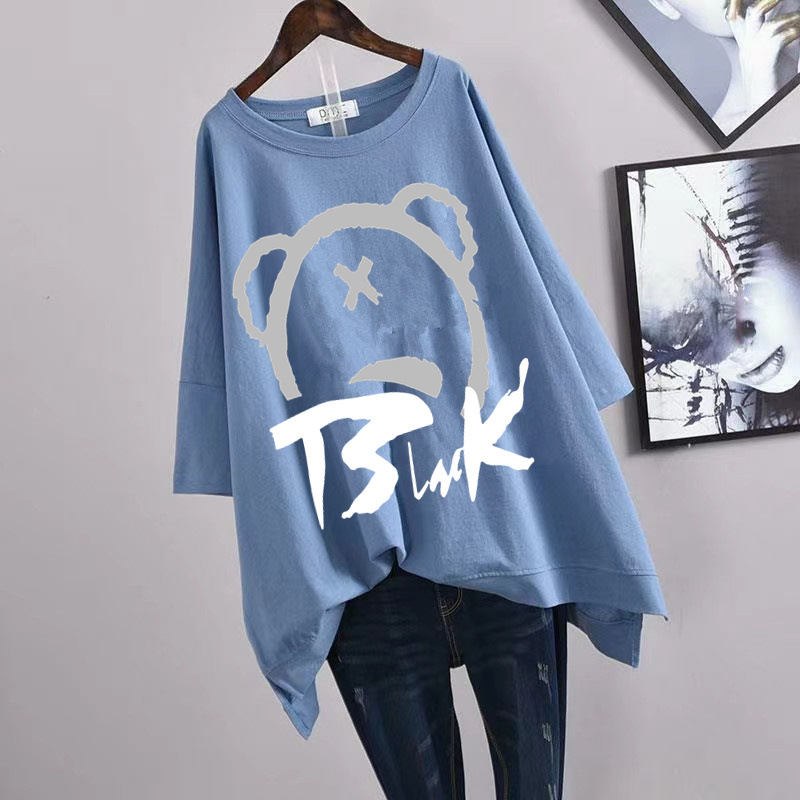 Picture of 100kg Plus Size Women's Summer Leaf Print Casual Slit Mid-Length Short Sleeve T-Shirt Loose Oversized Style