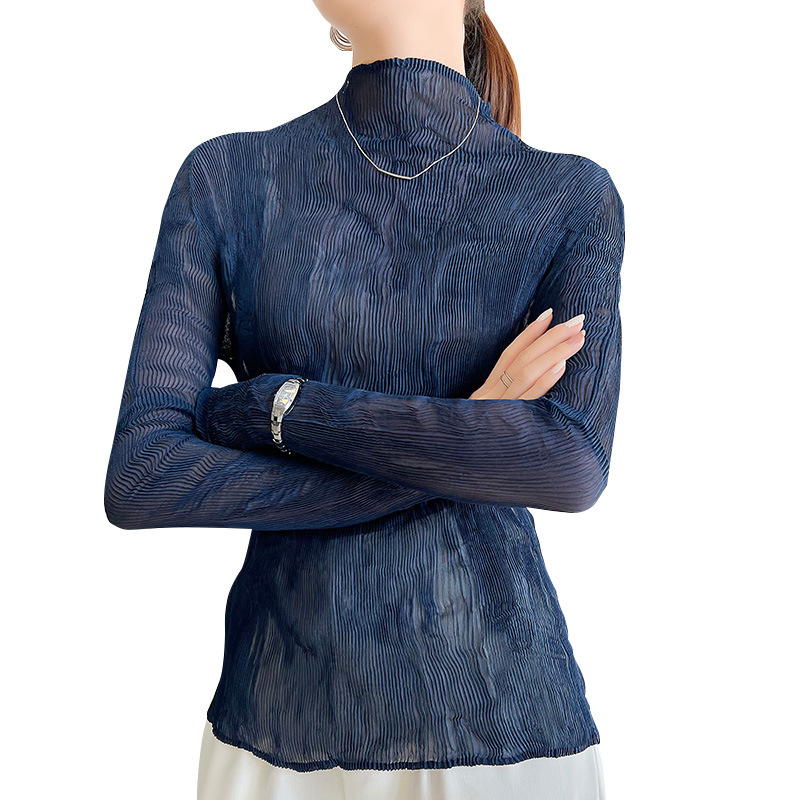 Picture of Miyake Ultra-thin Perspective Top Base Shirt Women's Spring and Summer Long-sleeved Sunscreen Western Style All-match Pleated Top Inner Shirt