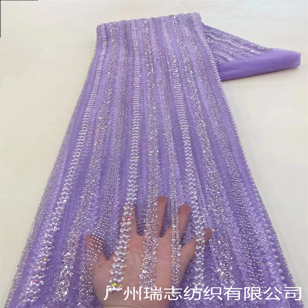 Picture of Bubble Stripe Crystal Sequins Beaded Tube Embroidered Mesh Fabric French Wedding Dress Xinjiang Hair Hat Dress Embroidered Cloth