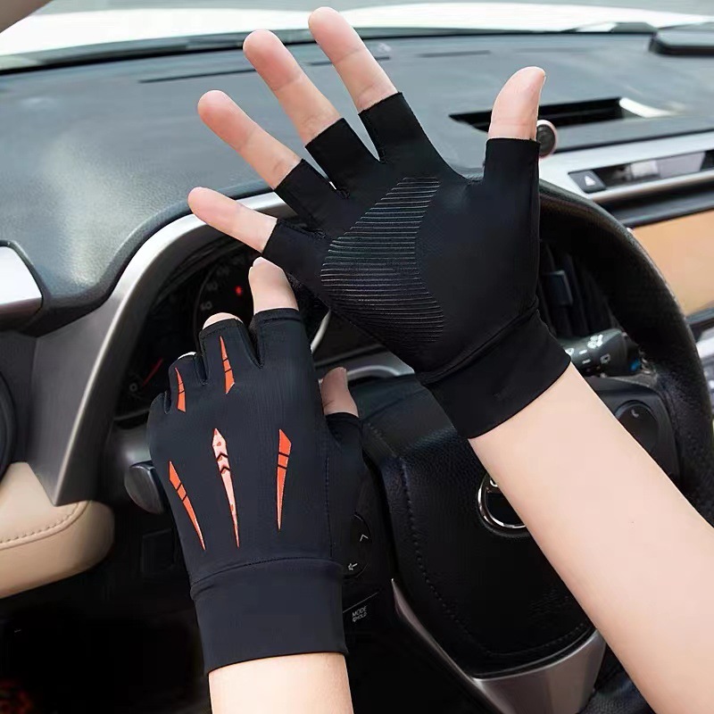 Sun protection cycling gloves men's summer thin breathable non-slip Ice Silk driving leakage finger Luya fishing half finger gloves