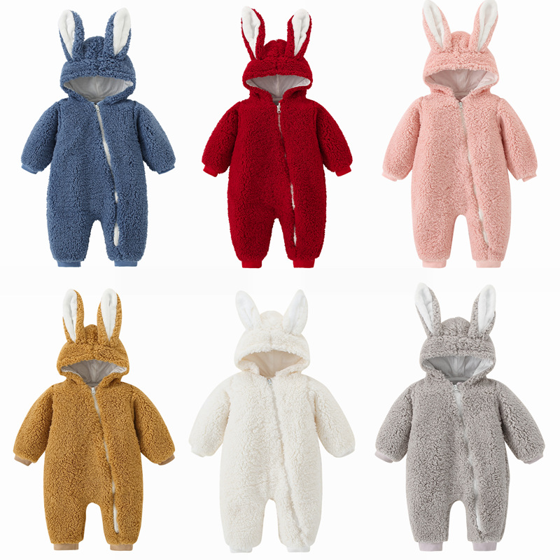 Baby jumpsuit thickened autumn and winter clothes, warm rabbit ears, ha clothes, baby newborn clothes set, hug clothes for going out