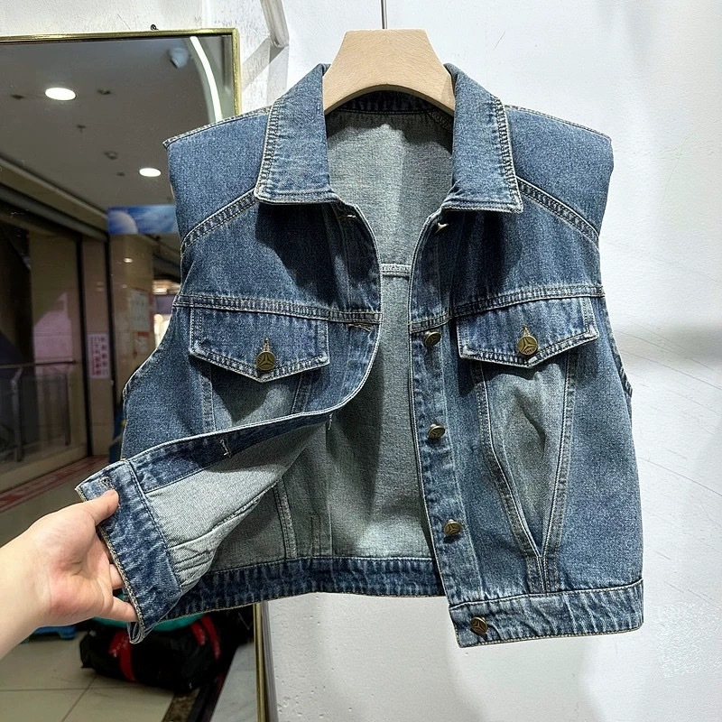 2024 Early Autumn Women's Short Vest Korean Style Loose Slim-fit Waistcoat Lapp Design Sense Denim Sleeveless Vest for Women