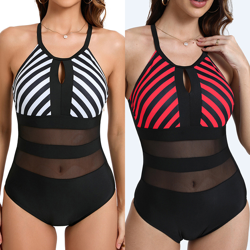 2025 new European and American cross-border neck swimsuit women's fashion sexy mesh one-piece swimsuit striped swimsuit wholesale