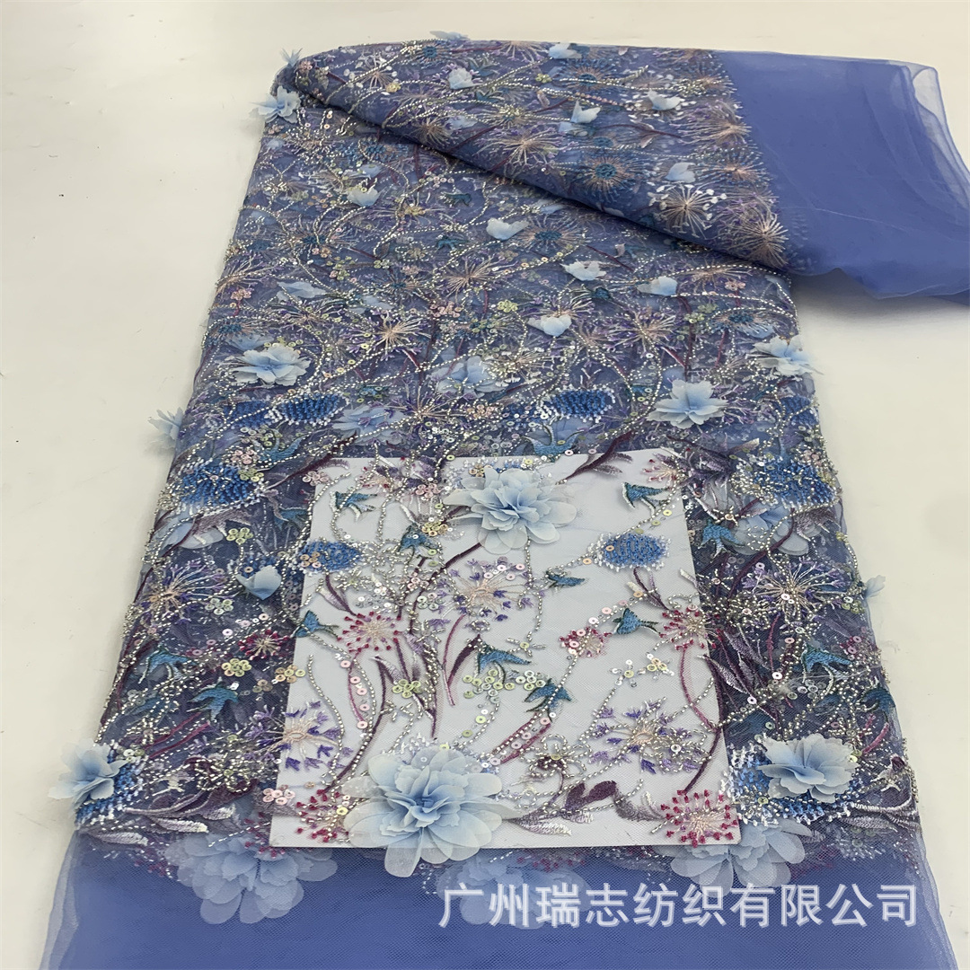 Three-dimensional flower beaded tube embroidery dress sequin mesh fabric European and American cross-border fashion embroidery wedding dress fabric 5 yards lace
