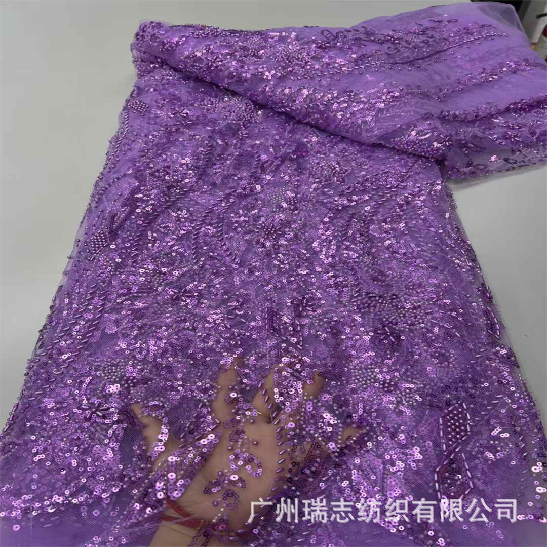 Picture of Purple heavy industry sequined embroidered plant pattern three-dimensional lace dress wedding dress cheongsam fabric lace