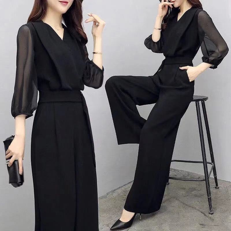 2024 spring and summer new high waist jumpsuit black three-quarter sleeve slim slimming temperament wide leg jumpsuit suit women