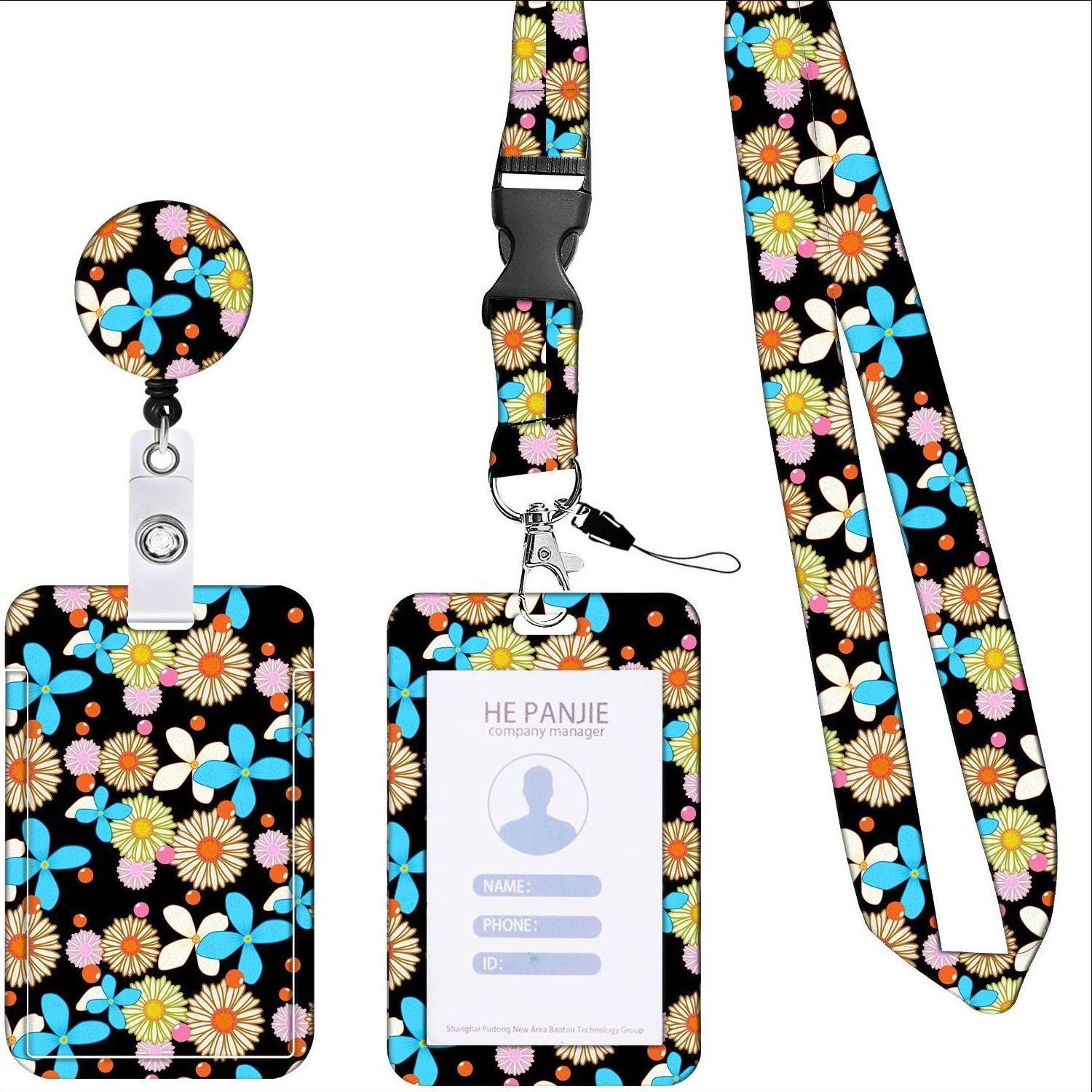 Picture of Retractable easy-pull buckle Badge clip small floral pattern ID card holder ID lanyard easy-pull telescopic buckle