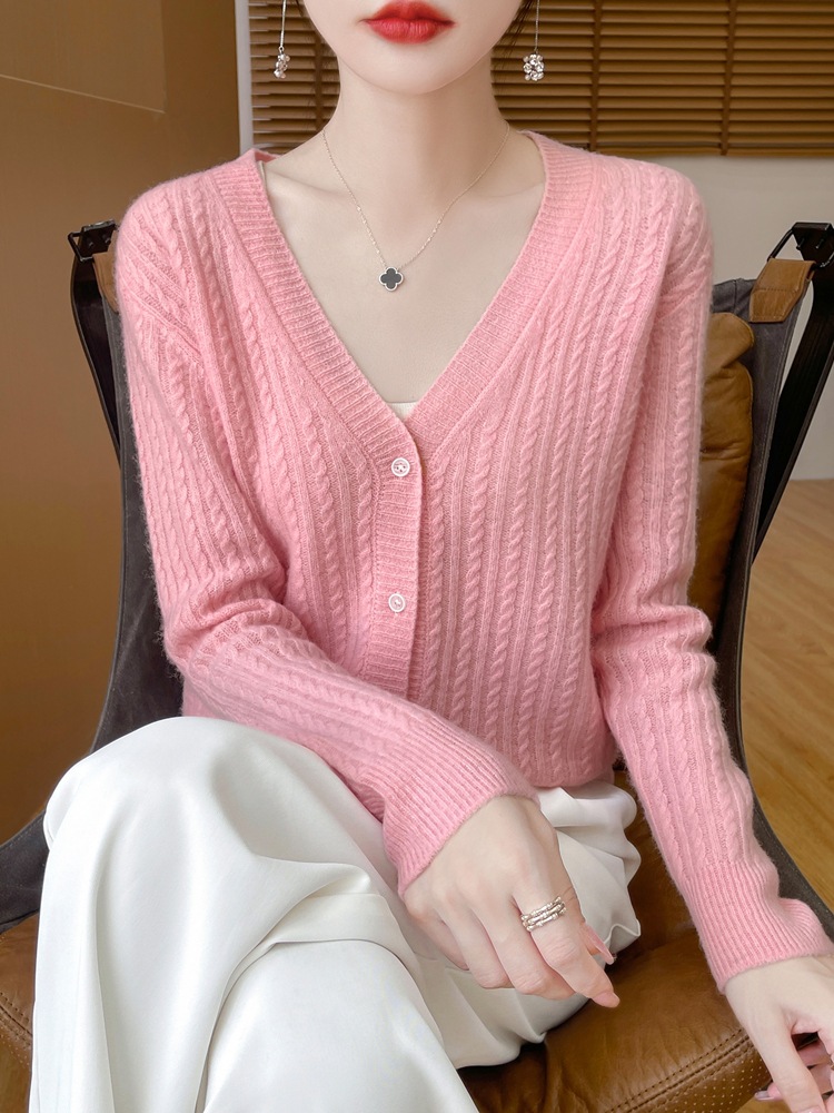Knitted Cardigan Women's Spring and Autumn Twist Thin Coat Sweater Twisted V-Neck Knitted Outer Base Sweater Cardigan