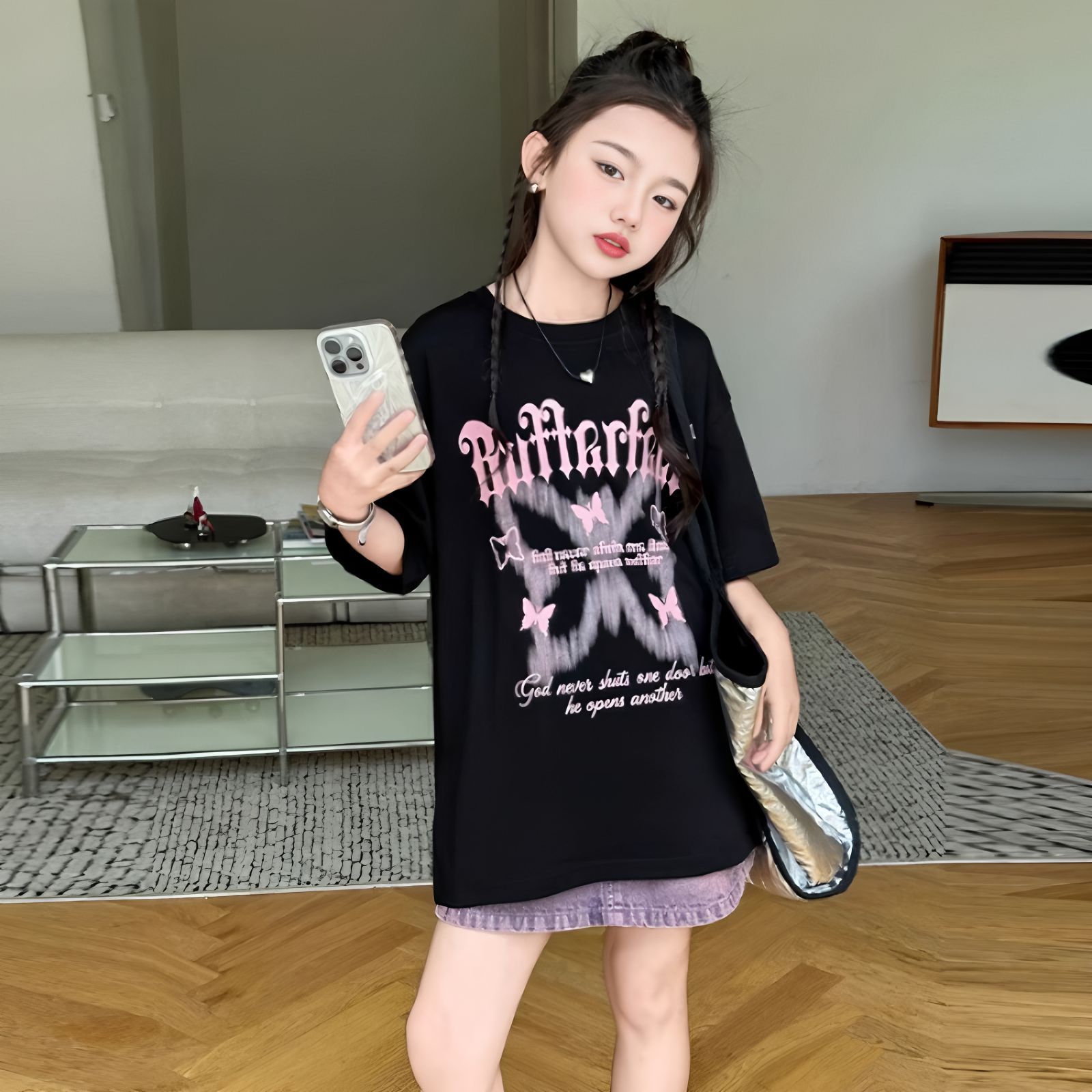 Picture of Girls' Short-Sleeved T-Shirts, Summer Fashionable Korean Style Half-Sleeved Kidsren's Loose Casual Sweet and Cool Printed Tops for Older Girls
