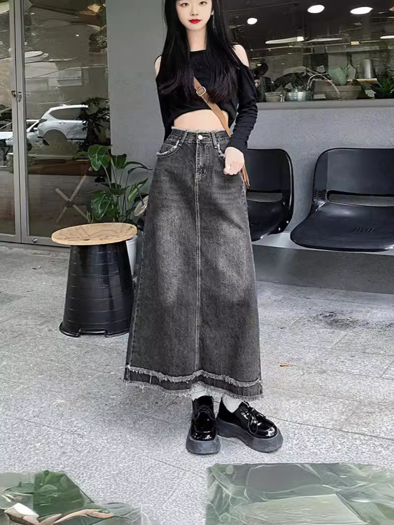 Retro Half-length Denim Skirt Rust Denim Skirt Women's Thin Slimming Retro Straight Mid-length A- line Skirt