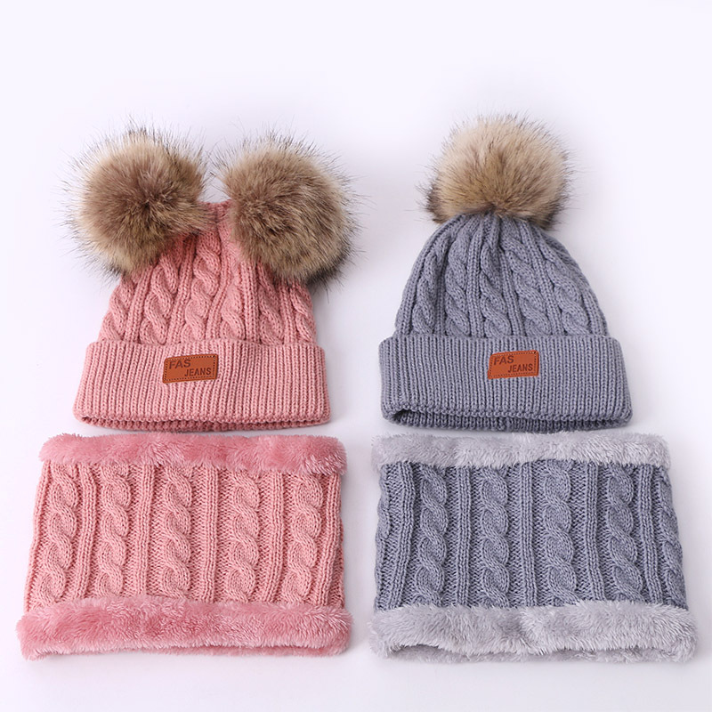 Picture of Winter Children's Neck Hat Two-Piece Pompom Baby Baby Knitted Hat Warm Wool Fleece-Lined Thickened Neck Set