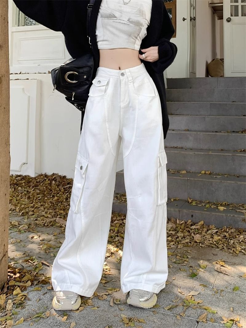 American White Flap Pocket Pants Work Jeans for Women 2025 Spring and Autum New High-Waisted Loose Wide-Leg Floor-Length Design Trendy