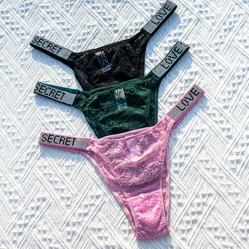 Shiny rhinestone lace bikini underwear women's low waist ultra-thin hot sexy perspective women's half-wrapped hip thong