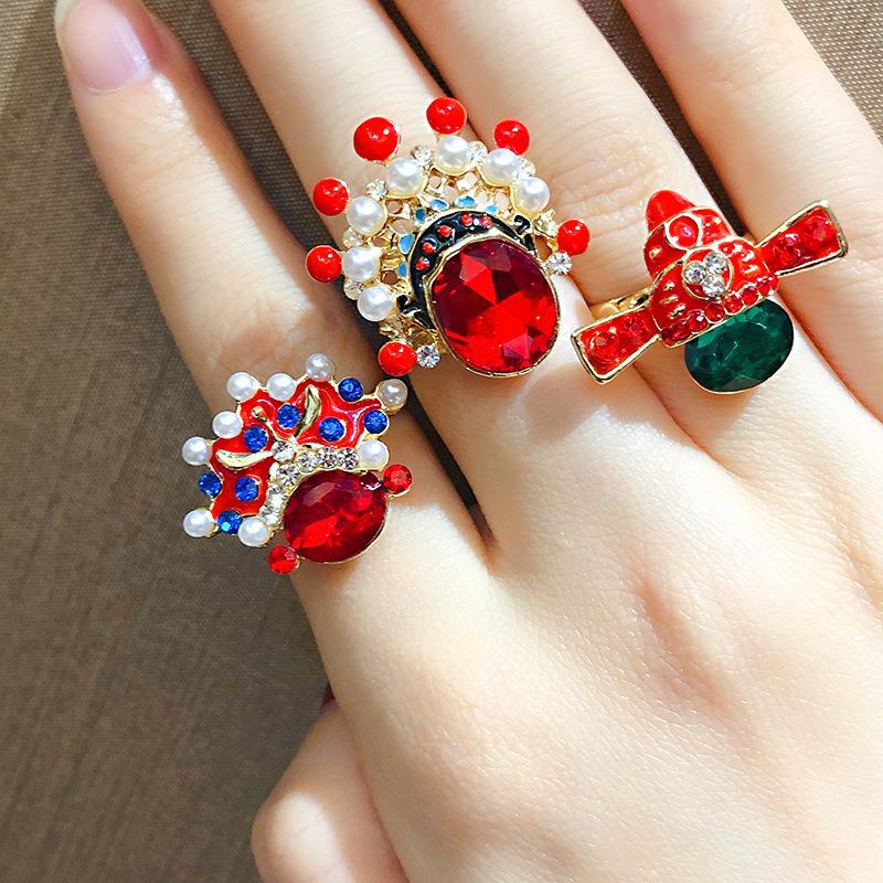 Chinese Style Peking Opera Face Ring Female Ethnic Style Red Crystal Pearl Finger Ring Korean Internet Celebrant Personality Ring Tide