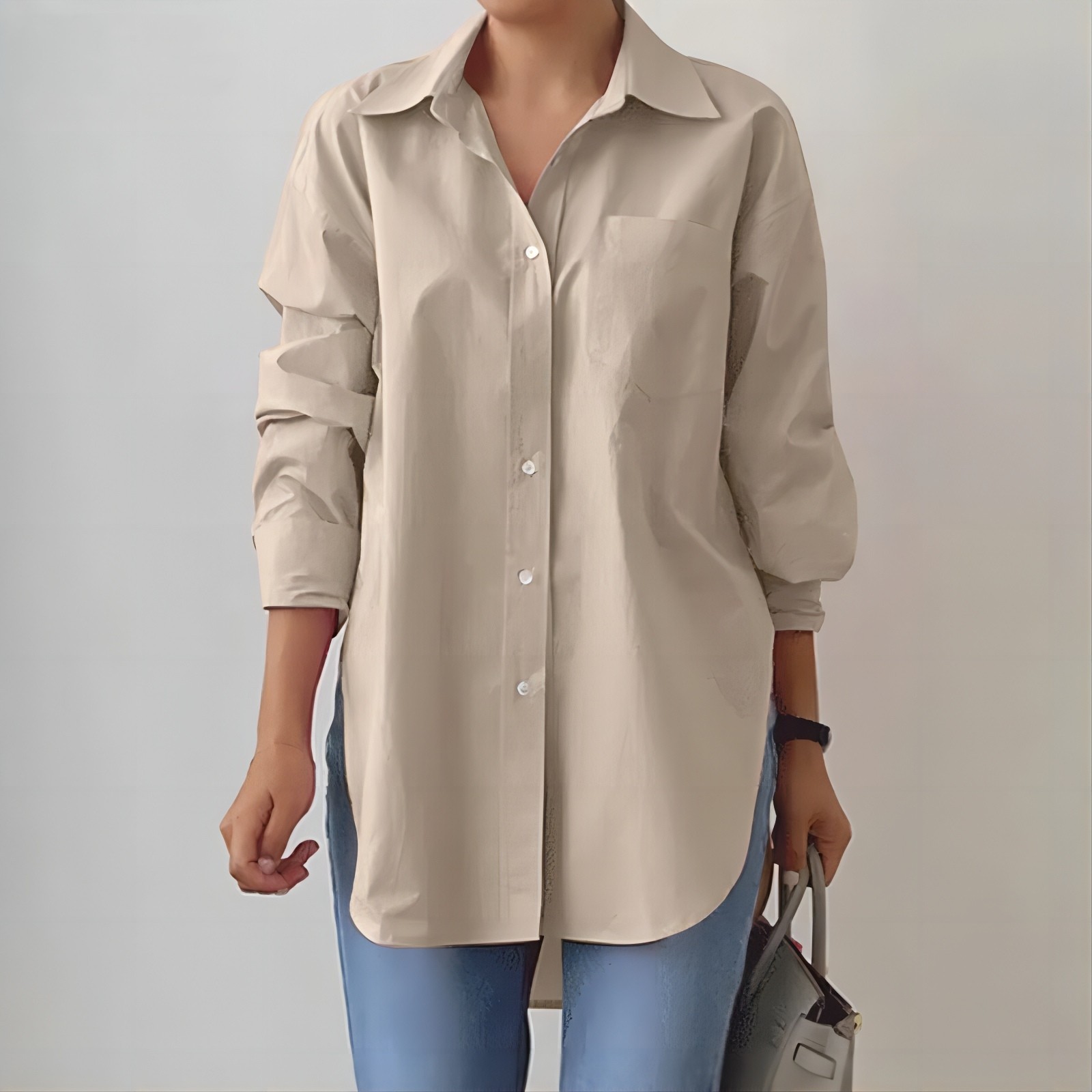 Picture of Elegant lapel long sleeve shirt 2024 fashion women's spring and autumn solid color split hem oversized OL work shirt