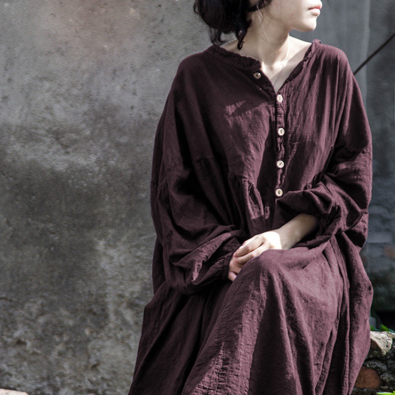 2024 New Vintage Artistic Cotton Linen Lantern Sleeve Long Sleeve Dress Slimming Zen Robe