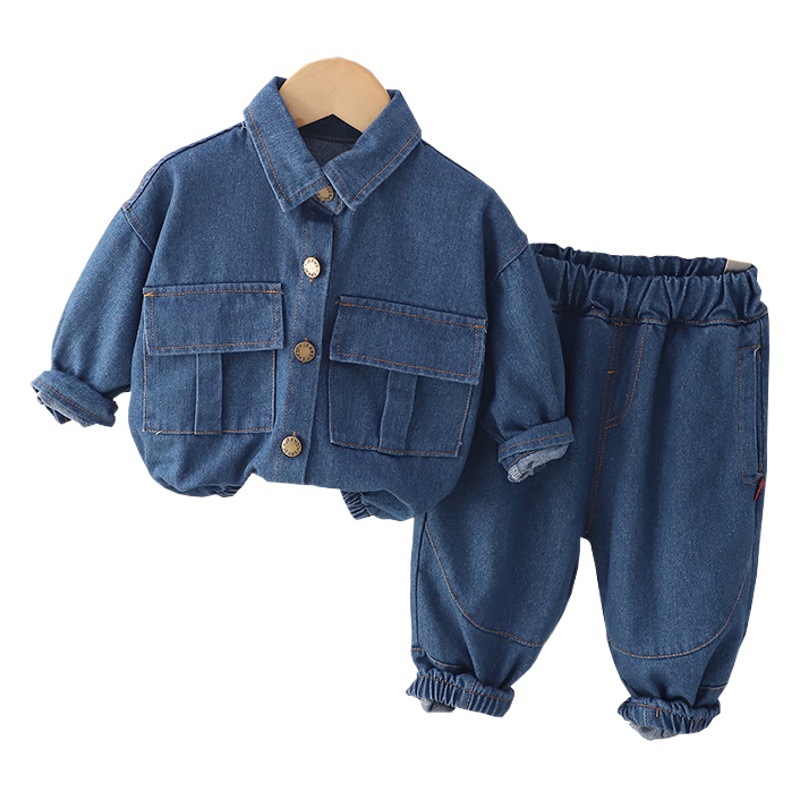 2023 autumn children's clothing on the new boys handsome long sleeve Denim suit spring and autumn tide children's two-piece set a generation of hair