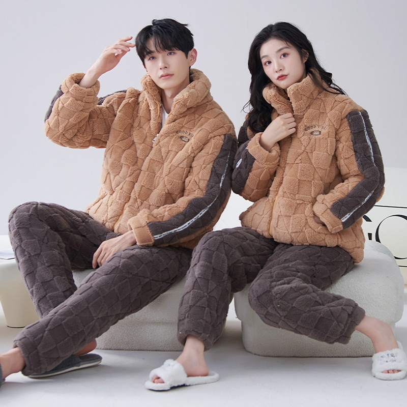 Couple's cotton-padded pajamas men's winter three-layer thickened warm women's plus size simple casual autumn and winter home wear suit