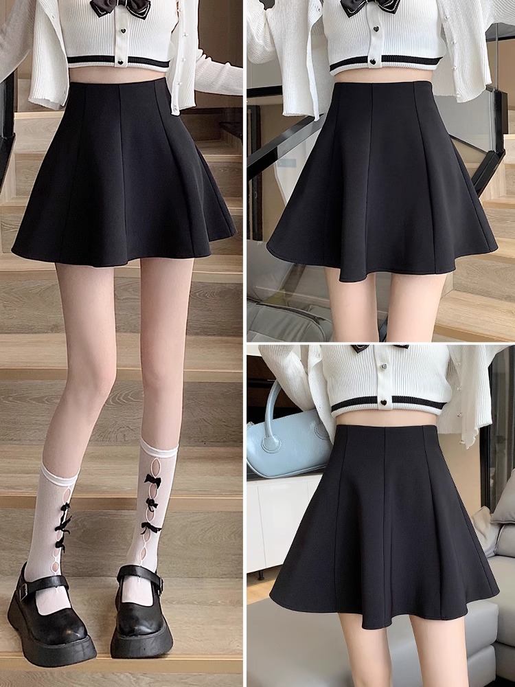 Black Skirt Women's High Waist Slimming 2024 Spring New A- line Skirt Fashion Warm Academic Style Hip Skirt