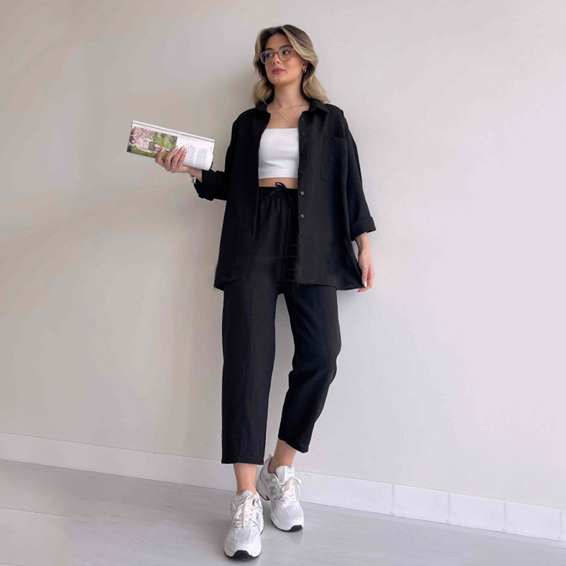 Picture of European and American Plus Size Women's Clothing 2025 Autum New Casual Loose Shirt Jacket Nine-Point Sports Harem Pants Two-Piece Set