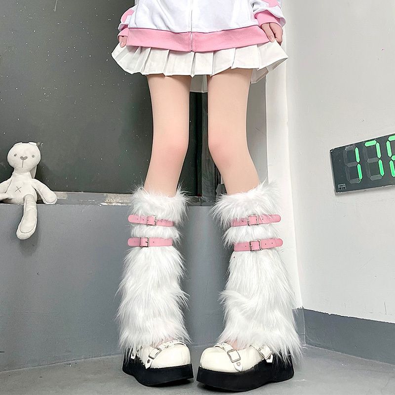 Long Wool Socks Punk Faux Fur Fur Legs fleece-lined Sub-leather Buckle Middle Barrel Jk Stacking Socks Original Y2K Hot Girls