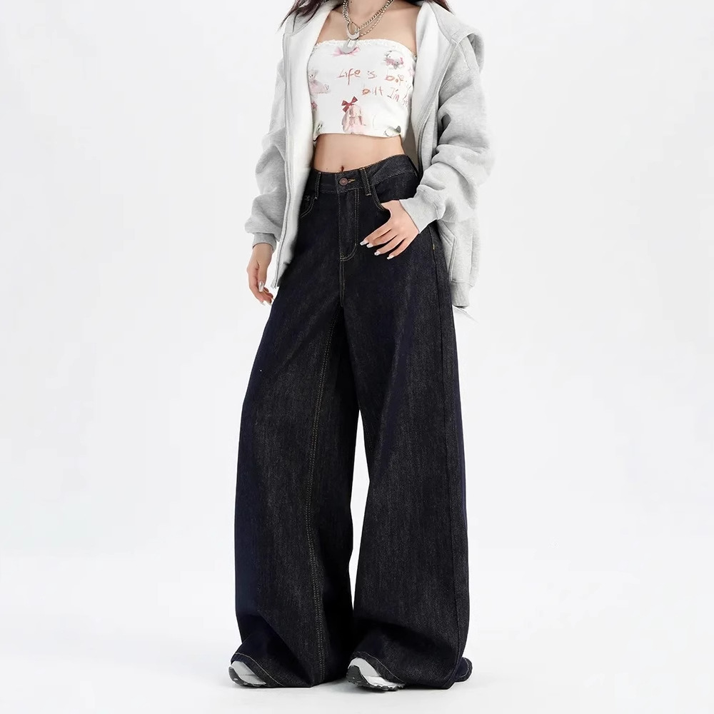 Picture of American Style Retro dark blue Mop Jeans Women's Spring and Autumn High Waist Straight Wide Leg Pants Small Layhead Pants