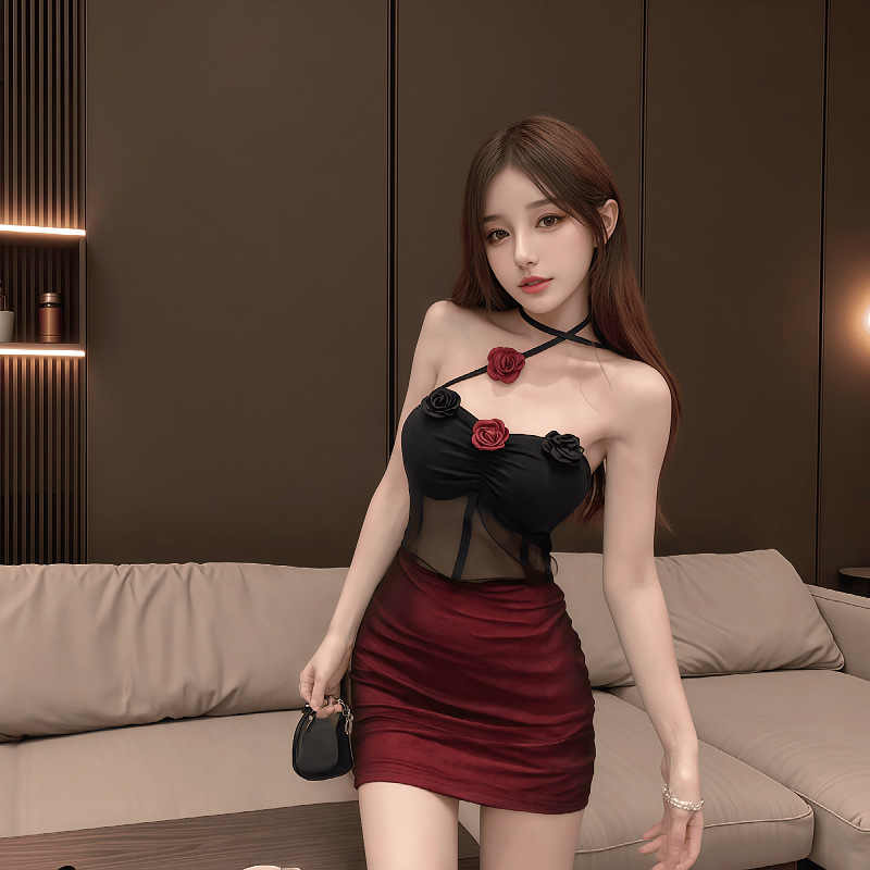 New Plus Size Sexy Nightclub Revealing Backpack Buttocks Slim Fit Pure Desire Mesh Flirting Sexy Pajamas Hip Dress
