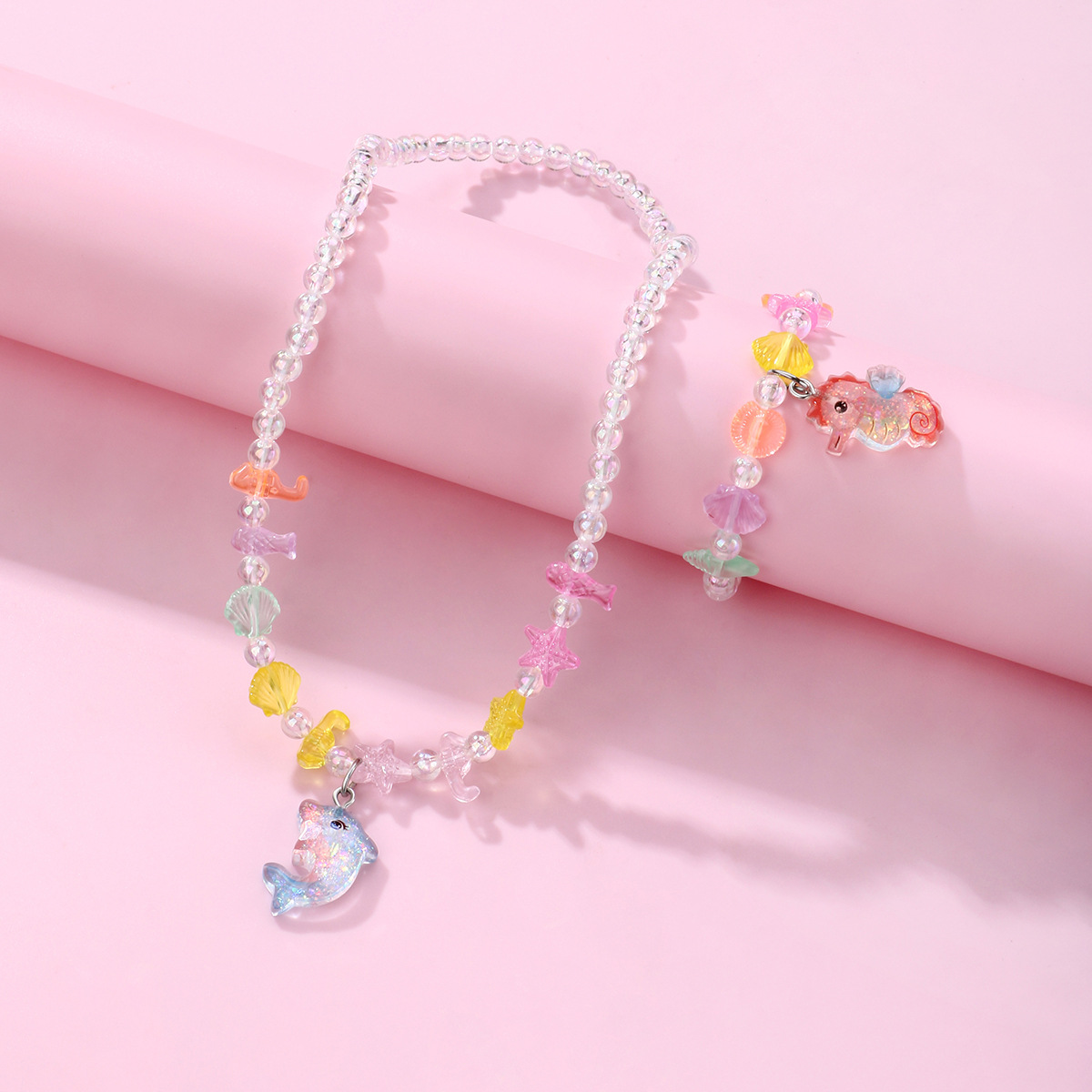 Cute Princess Color Beads Dopamine Beaded Children's Bracelet Necklace Color Dolphin Pendant Necklace Children's suit