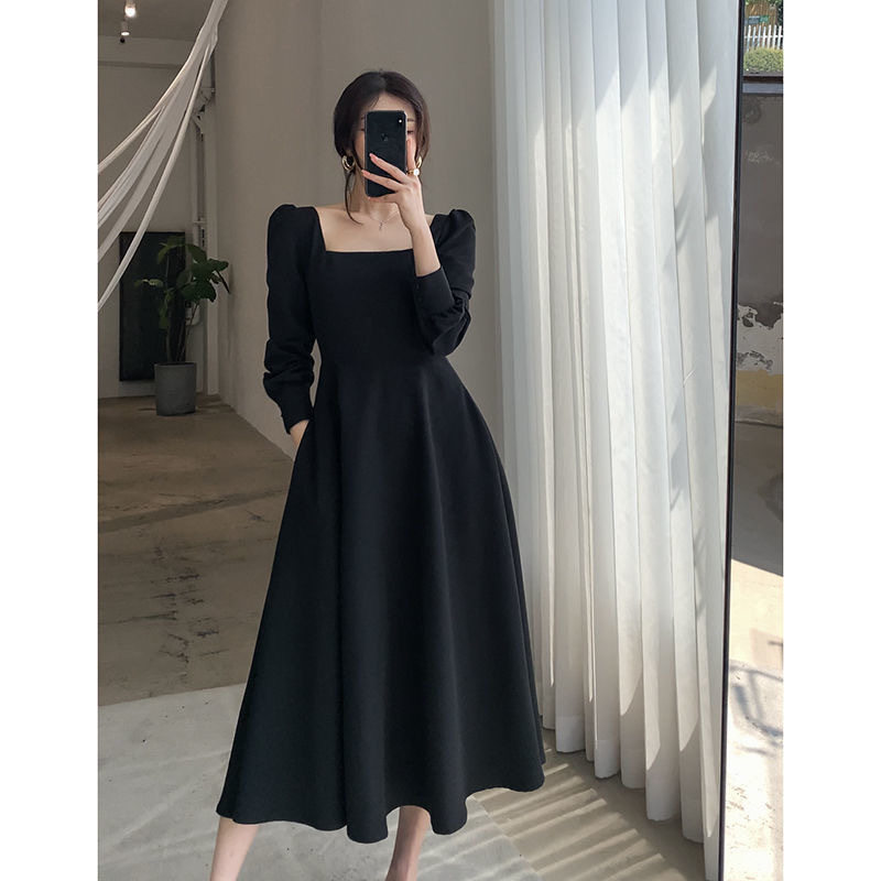 French Hepburn Style Black Square-Neck Dress, Long Skirt, Waist-Cinching, Slimming, Elegant Goddess Style, Autumn Outfit, 2027 New Model