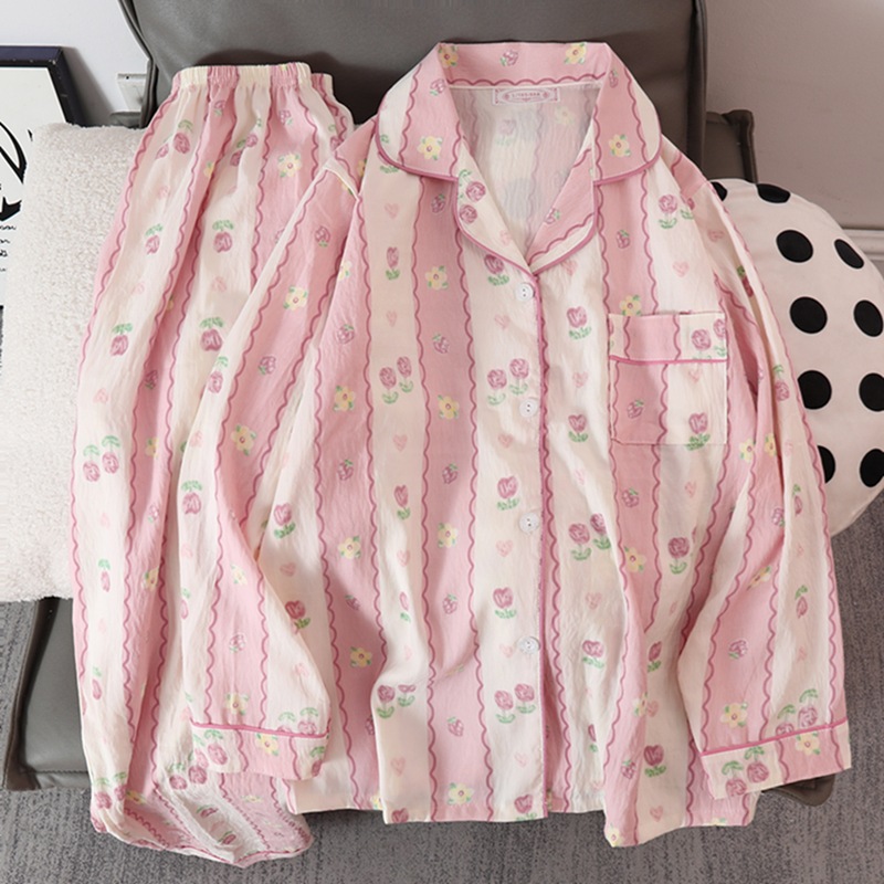 Picture of Online Celebrity Live Dopamine Color Striped Long Sleeve Pajamas Women's Loose Bubble Wrinkle Cute Cross-border suit Foreign Trade